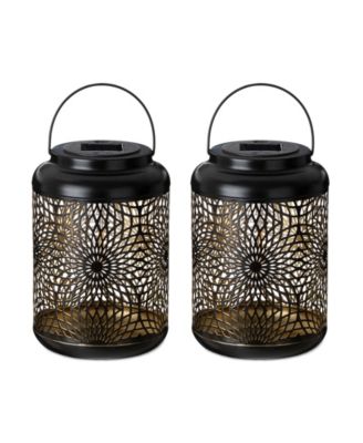 8.75" H Metal Cutout Solar Powered Outdoor Hanging Lantern with Edison Bulb, Set of 2 DNU