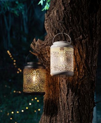 8.75" H Metal Cutout Solar Powered Outdoor Hanging Lantern with Edison Bulb, Set of 2 DNU