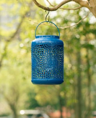 8.75" H Metal Cutout Solar Powered Outdoor Hanging Lantern with Edison Bulb, Set of 2