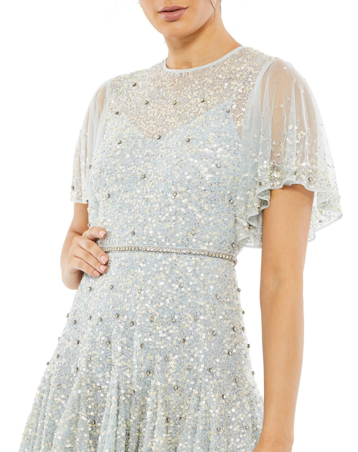 Mac Duggal Women's Flounce Sleeve Tea Length Dress