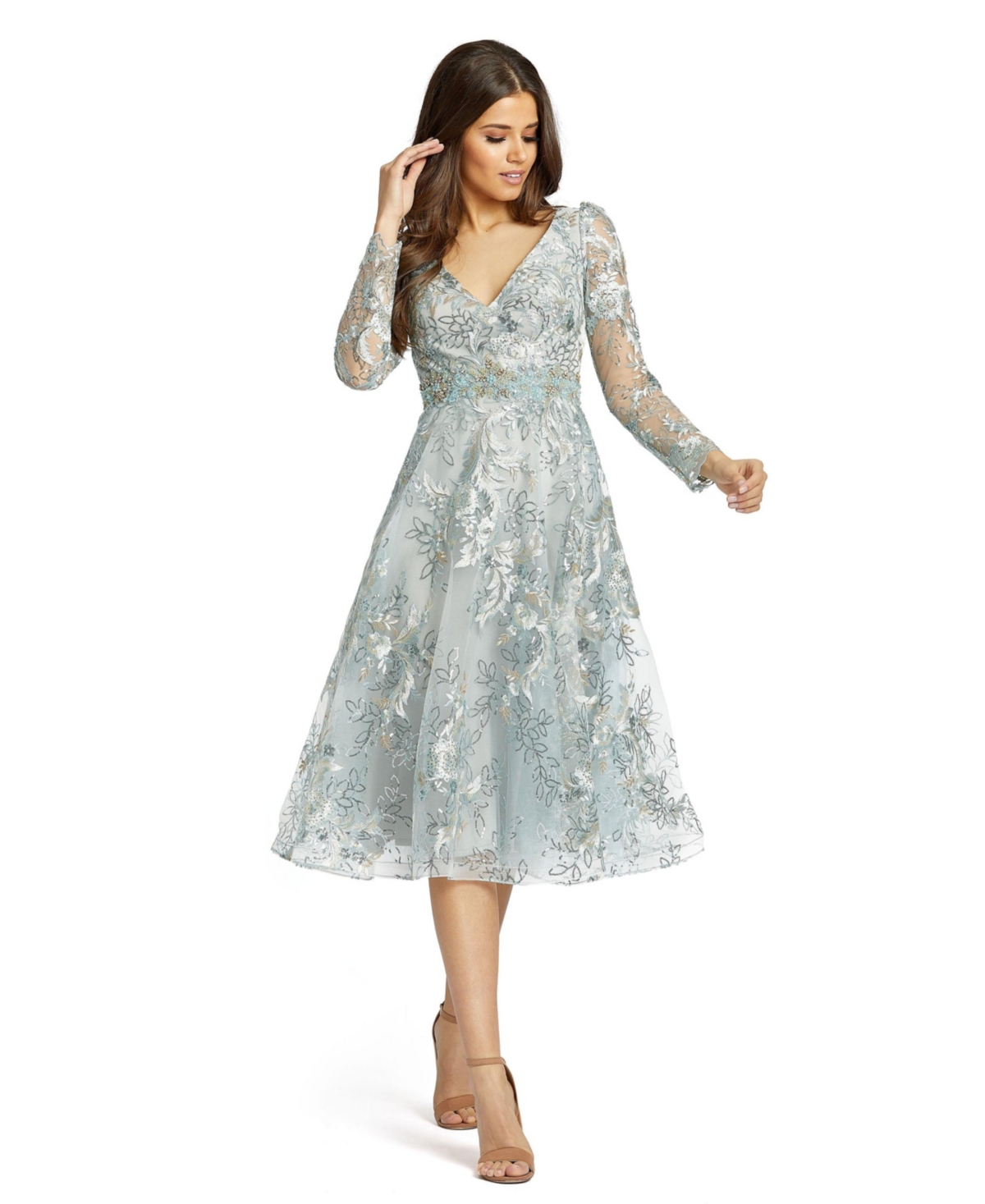 Mac Duggal Embellished Illusion Long Sleeve A Line Dress In Sterling