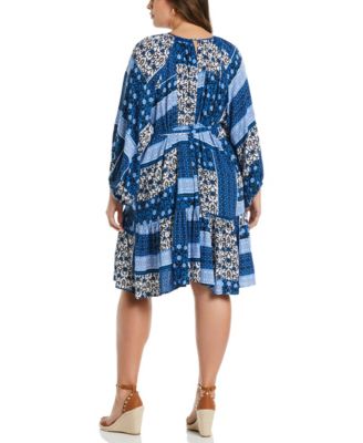 Plus Size Paisley Print Flounce Long Sleeve Dress with Self Fabric Tie