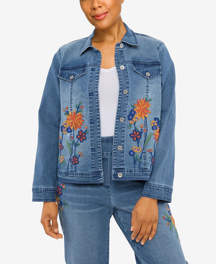Alfred Dunner Women's Moody Blues Flower Embroidered Denim Jacket - Macy's