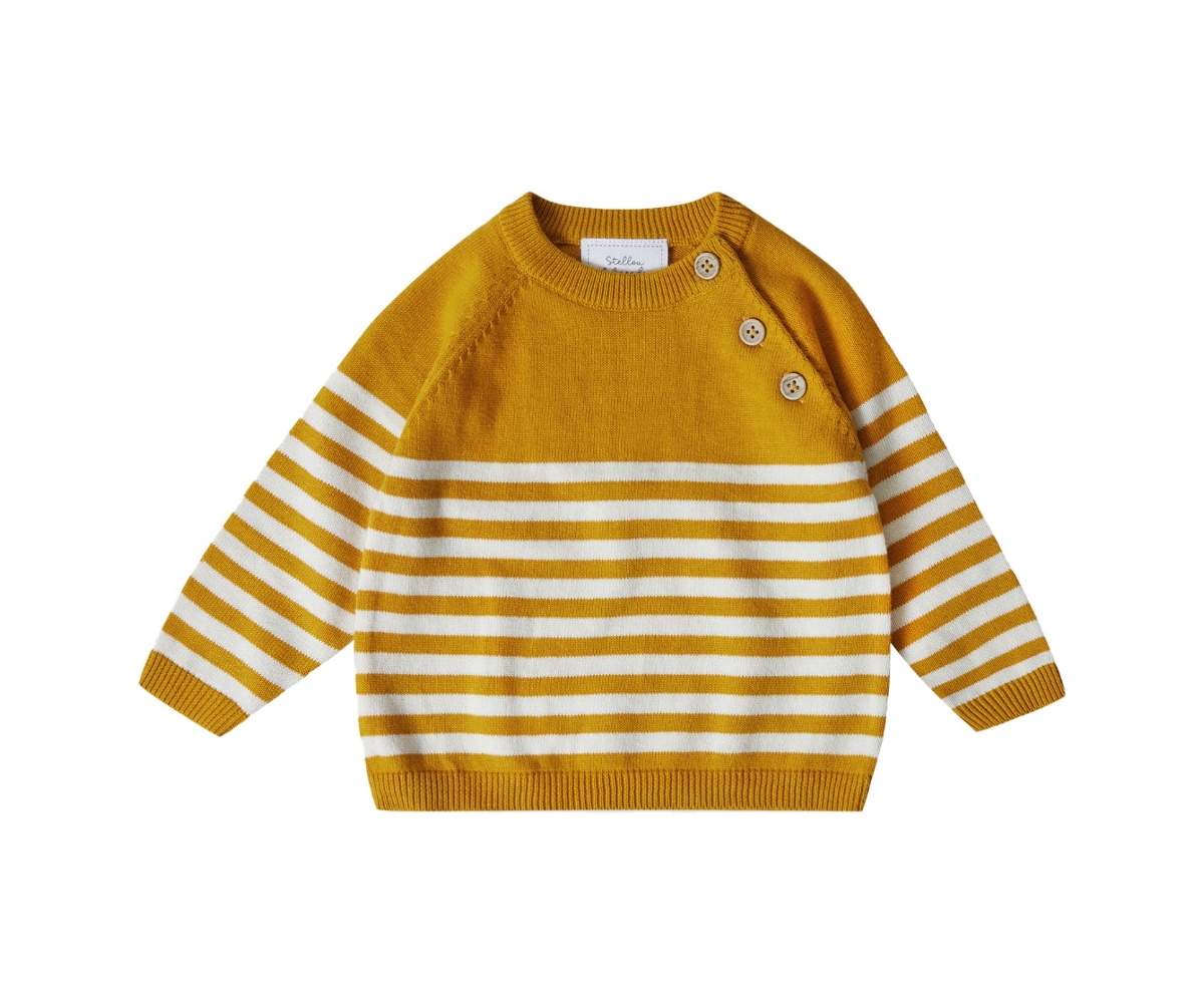 Stellou & Friends Baby Girls 100% Cotton Knit Striped Baby Long Sleeve Sweater with Shoulder Button Closure -/ white stripes