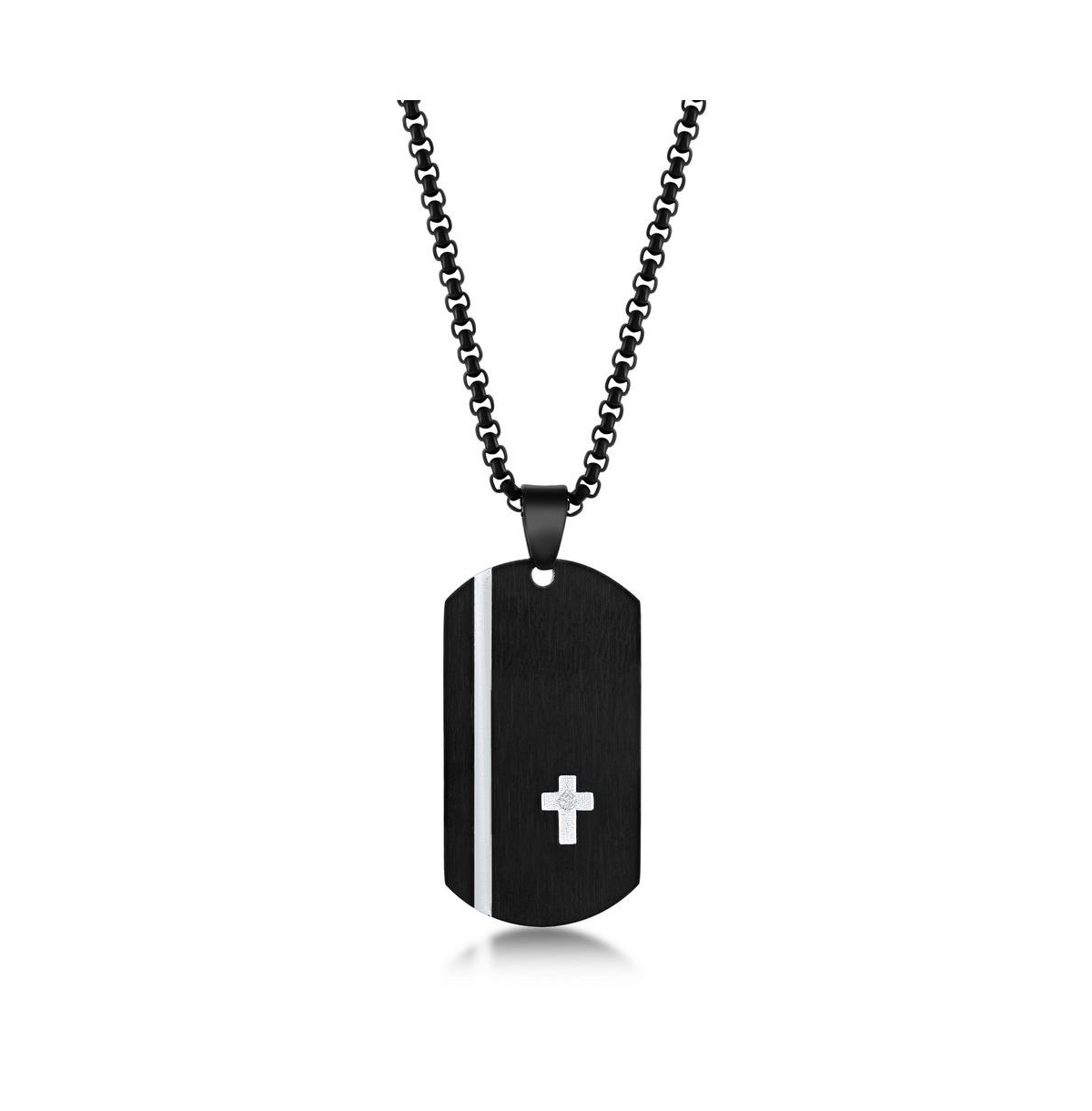 Men's Stainless Steel Black Silver Cross Single Cz Dog Tag Necklace - Black