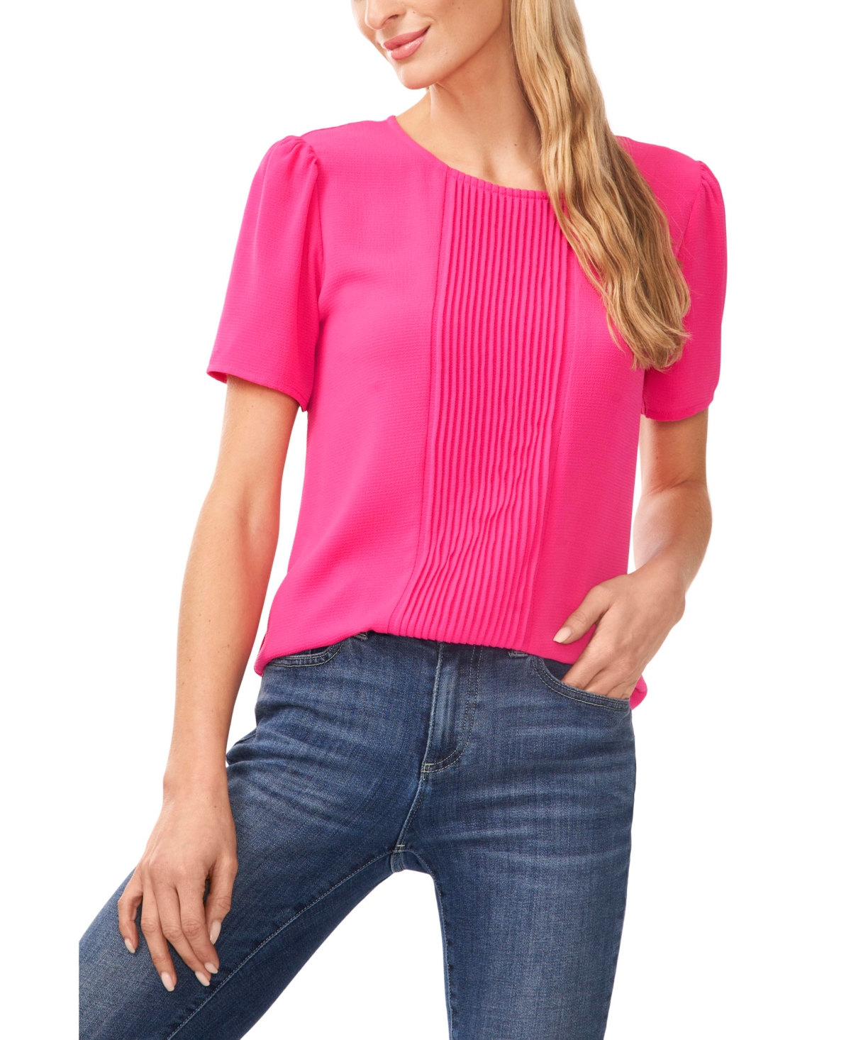 Cece Women's Pin Tucked Front Short Sleeve Crew Neck Blouse In Bright Rose
