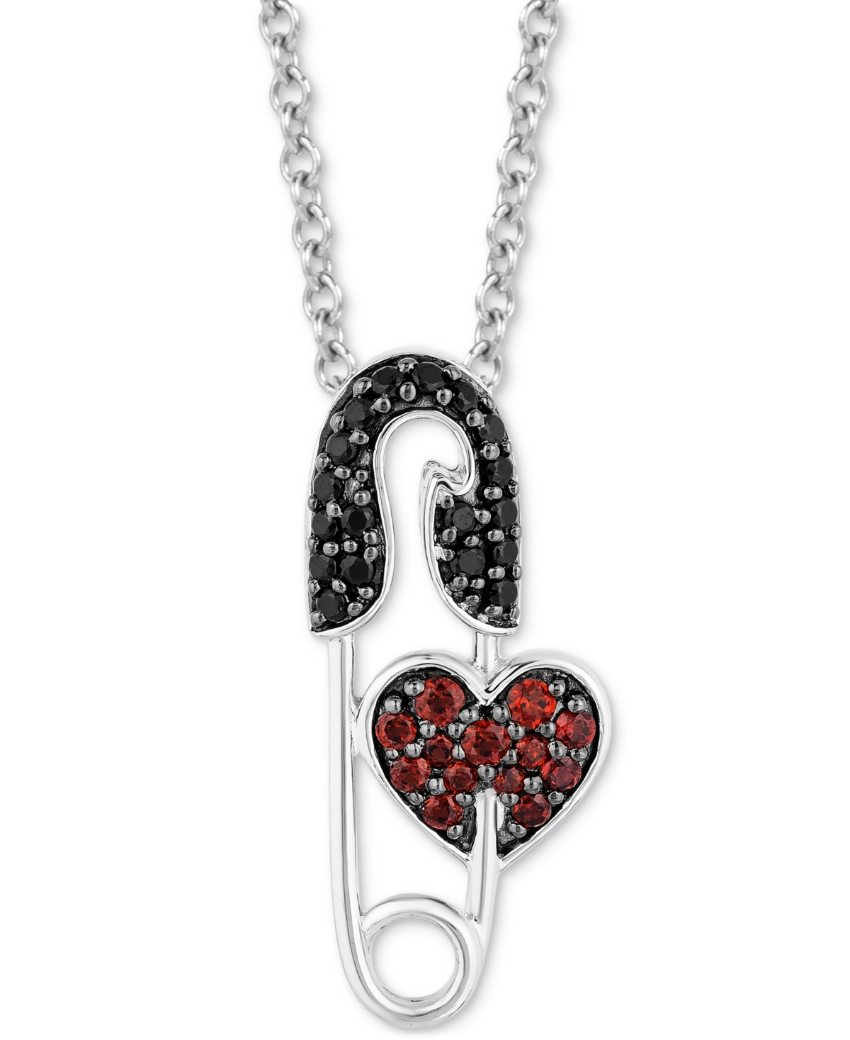 Garnet Accent & Black Diamond (1/8 ct. t.w.) Cruella Safety Pin Pendant Necklace in Sterling Silver & Black Rhodium-Plat