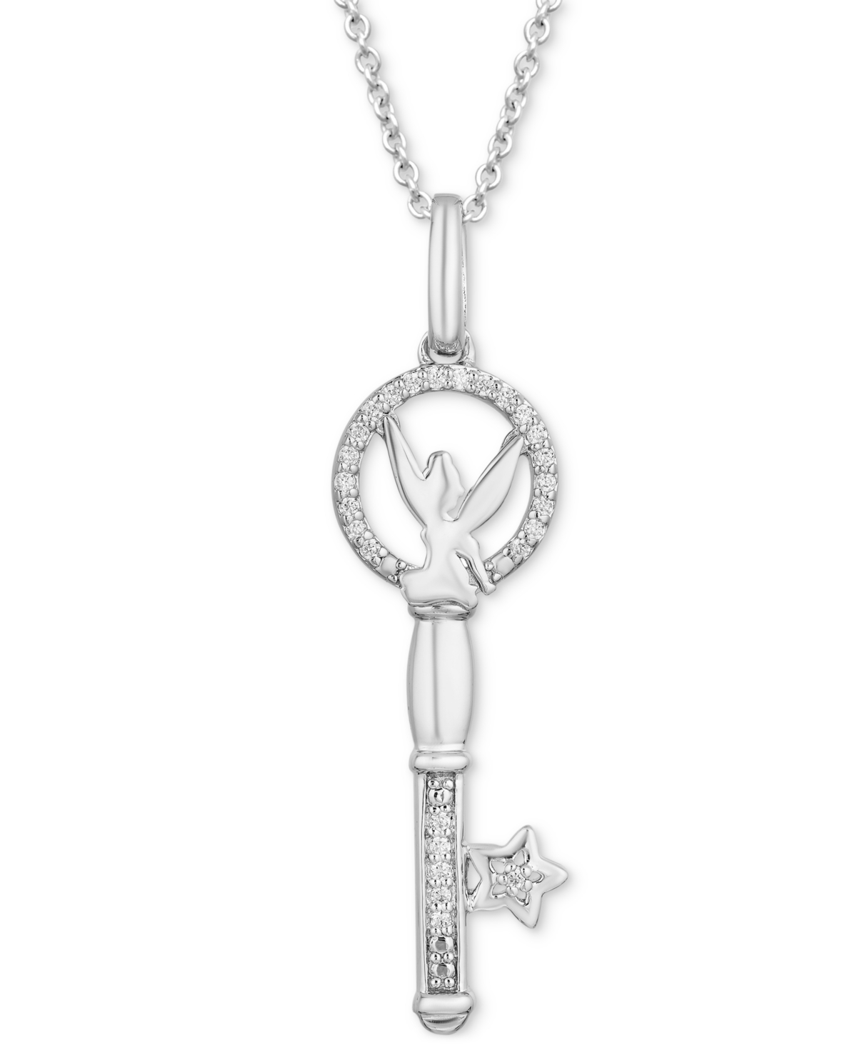 Diamond Tinker Bell Key Pendant Necklace (1/10 ct. t.w.) in Sterling Silver, 16" + 2" extender - Sterling Silver