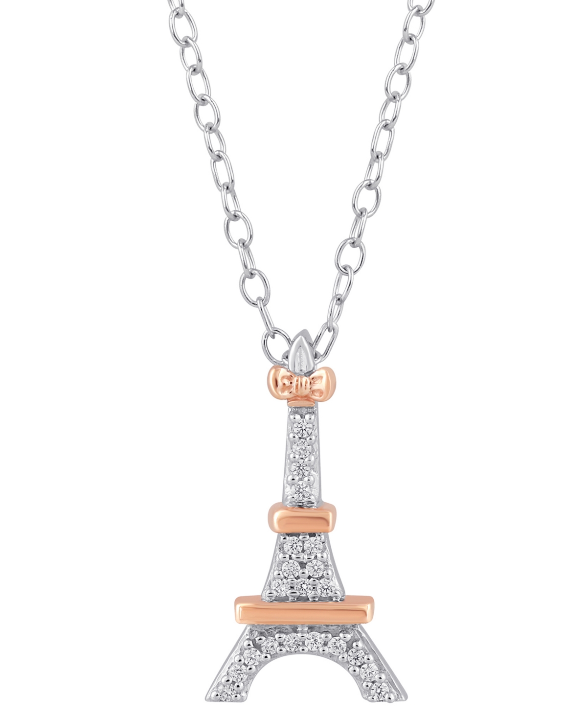 Diamond Accent Aristocats Eiffel Tower Pendant Necklace in Sterling Silver & 10k Rose Gold, 16" + 2" extender - Two-Tone