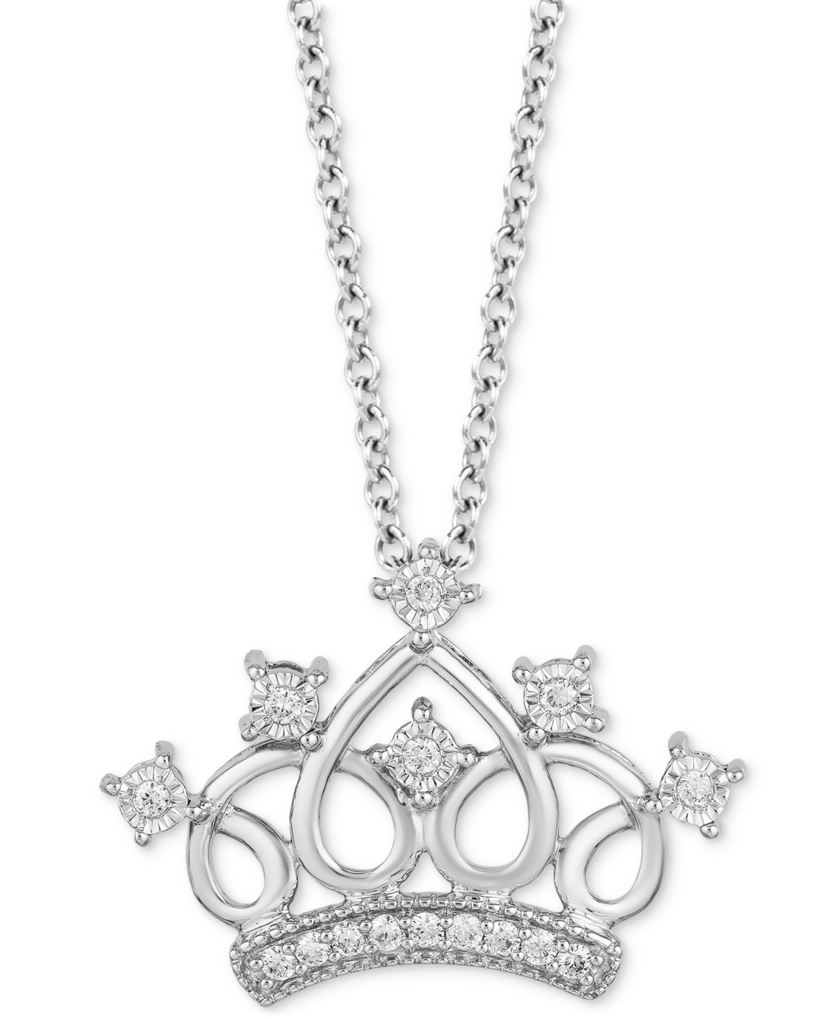 Enchanted Disney Fine Jewelry Diamond Cinderella Tiara Pendant Necklace (1/10 Ct. T.w.) In Sterling Silver, 16" + 2" Extender