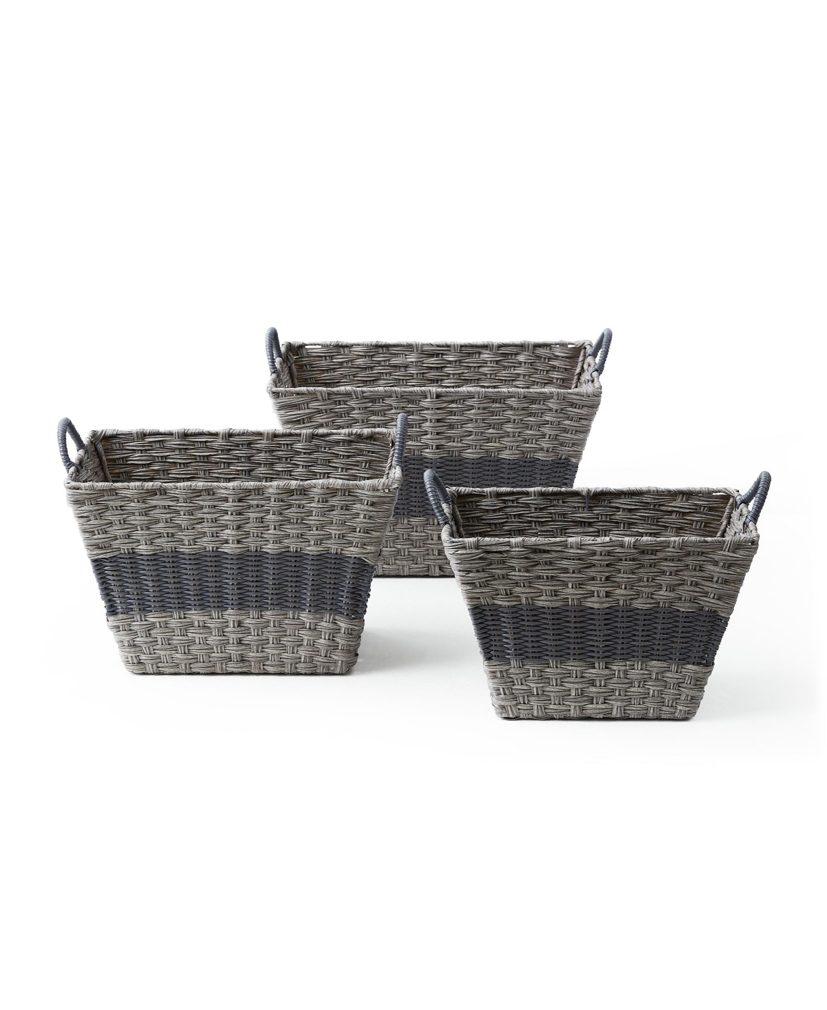 3 Piece Rectangular Faux Wicker Storage Bin Set in Combo Weave with Cut Out Handles - Natural