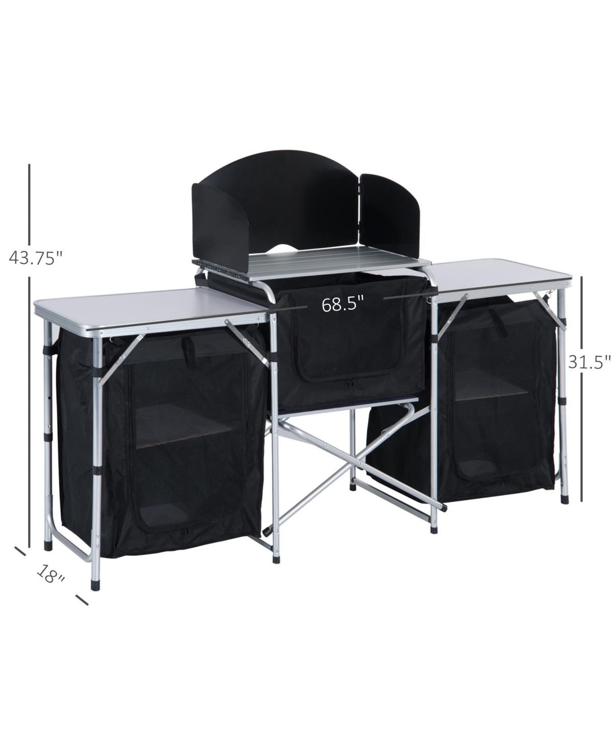 Outsunny Aluminum Portable Camping Kitchen Fold-Up Cooking Table With Windscreen and 3 Enclosed Cupboards for Bbq, Party, Picnics, Backyards