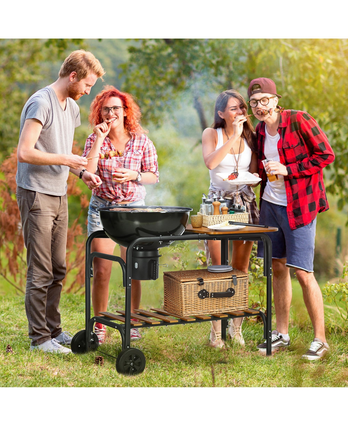 Outsunny Charcoal Bbq Grill on Wheels 21" Barbecue Smoker W/ Table, Shelf