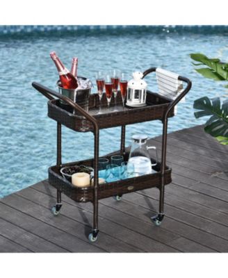Rattan Wicker Serving Cart with 2-Tier Open Shelf, Outdoor Wheeled Bar Cart with Brakes for Poolside, Garden, Patio