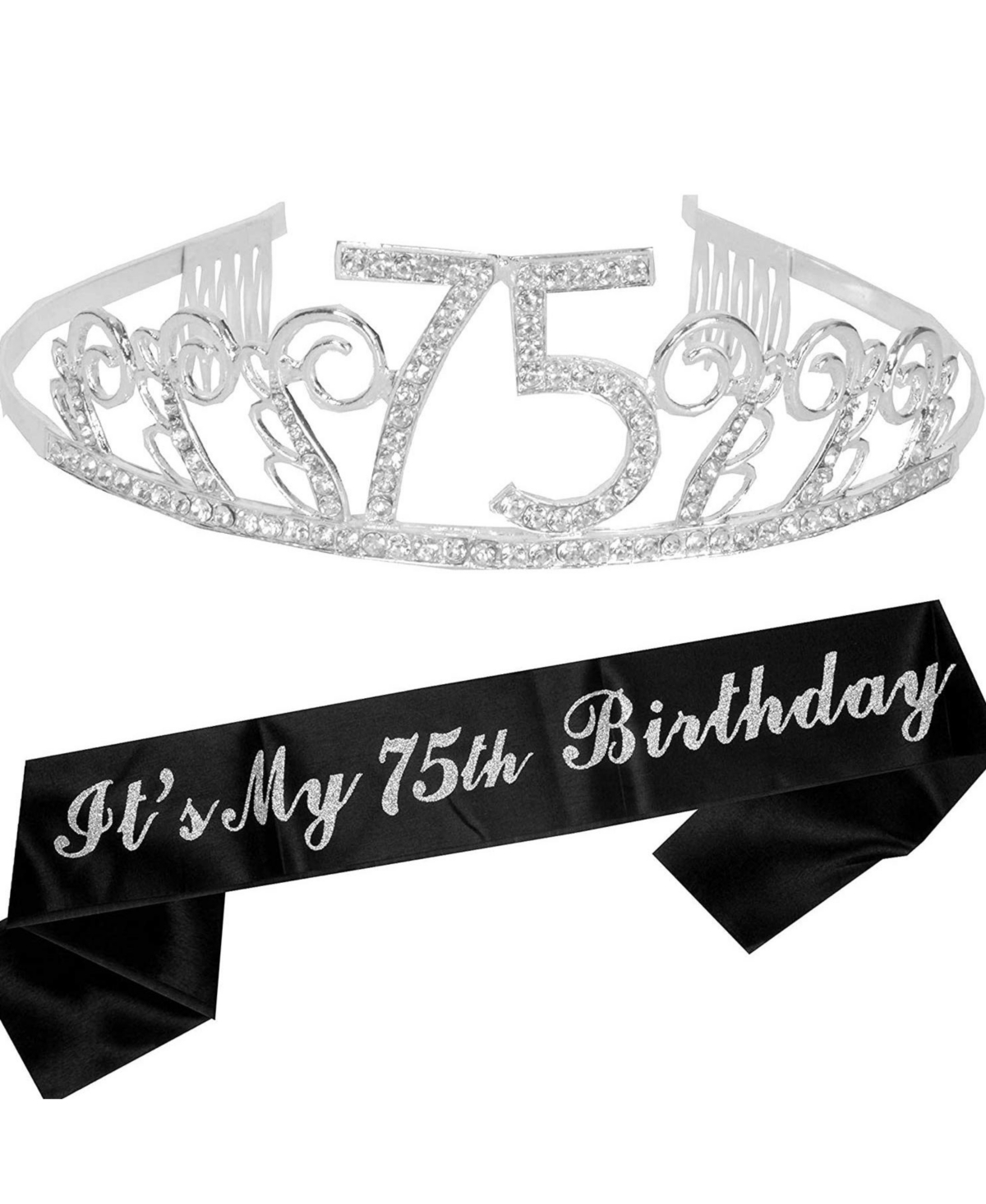 75th Birthday Sash and Tiara for Women - Fabulous Glitter Sash + Waves Rhinestone Silver Premium Metal Tiara for Her, 75th Birthday Gifts f