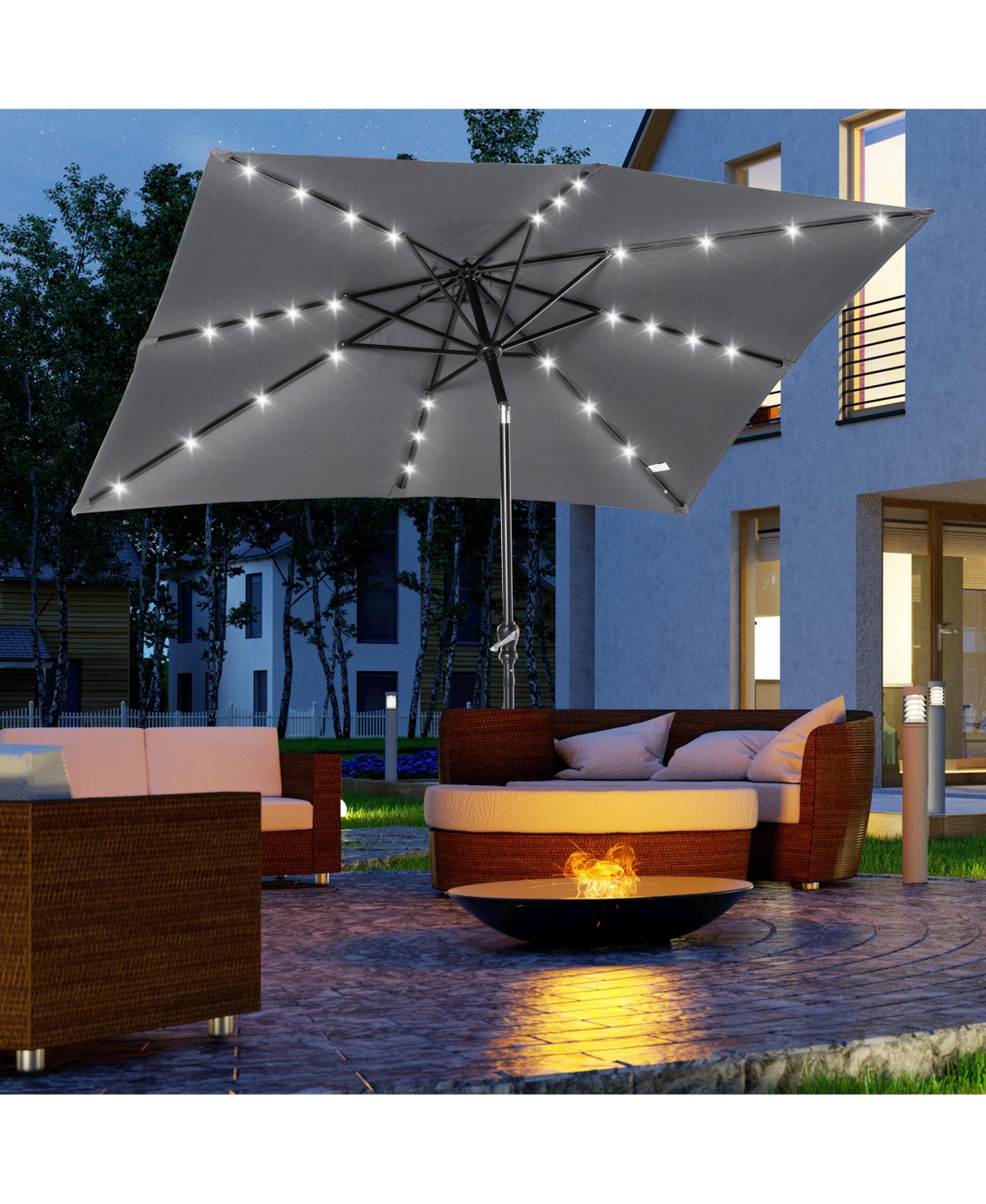 Outsunny Patio Umbrella Outdoor Table Market Umbrella with Crank, Solar Led Lights, 45° Tilt, Push-Button Operation, for Deck, Backyard