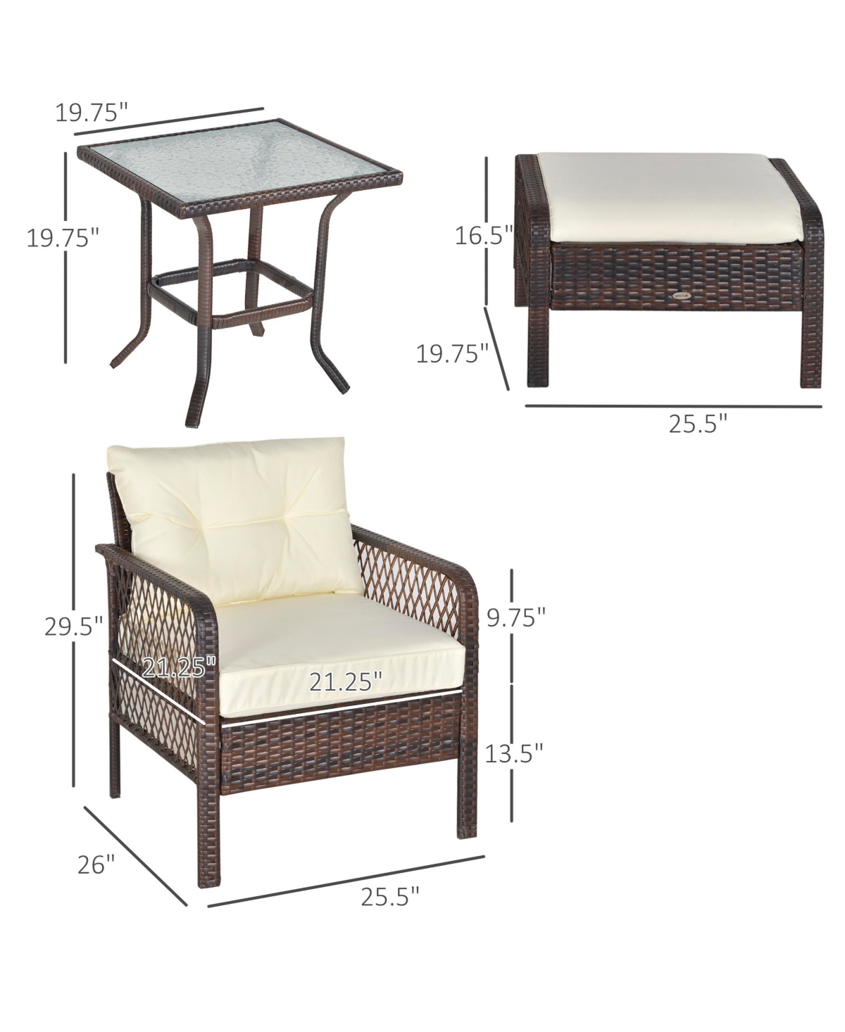 Outsunny 5-Piece Wicker Patio Armchair Set with Ottoman, Outdoor Pe Rattan Furniture Set with Comfortable Zippered Cushions & Weather-Fighting Build