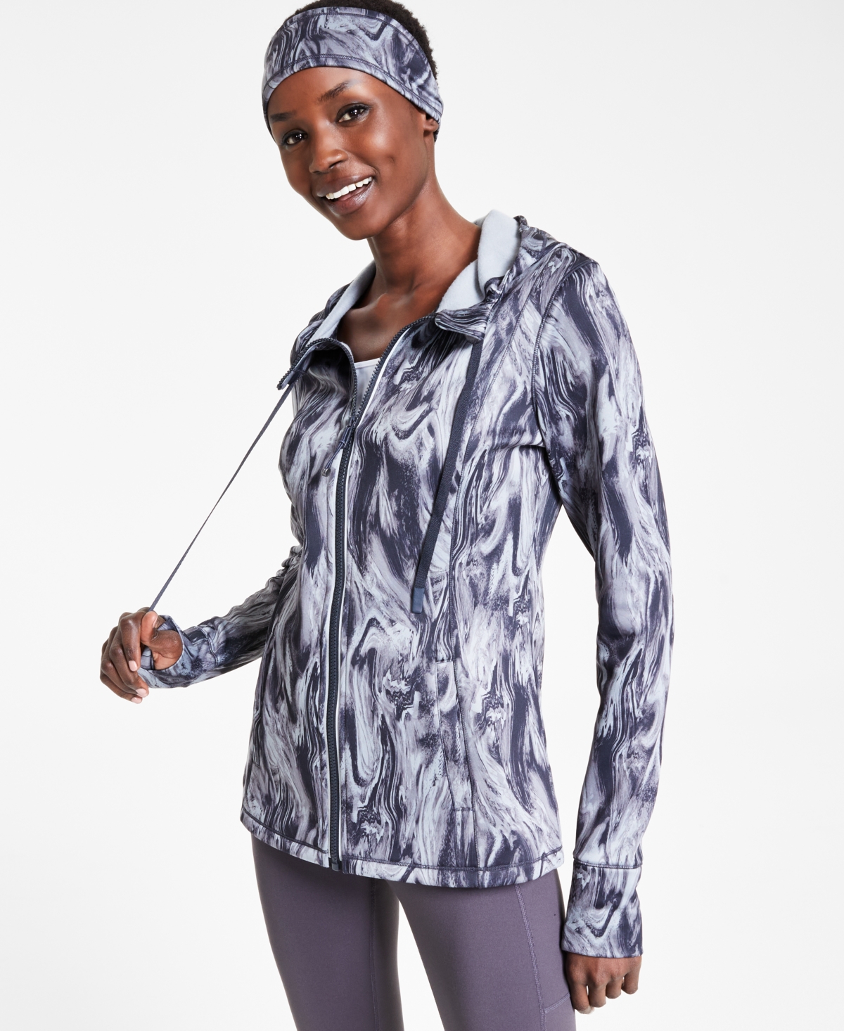 Id Ideology Women's Full-zip Jacket And Headband Set, Created For Macy's In Mid Grey Storm