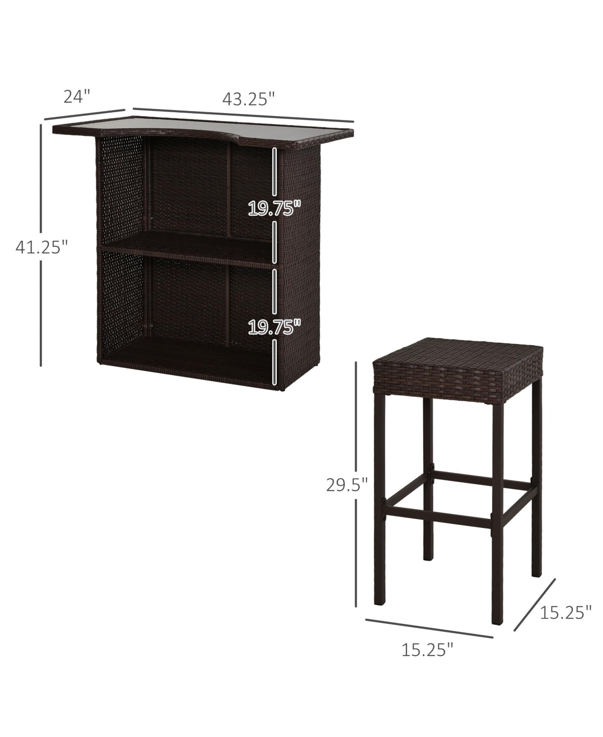 Outsunny 5PC Rat Wicker Bar Set Bistro Patio Backyard Table&2 Stool Garden Furniture