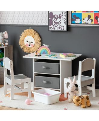 Kids Art Play Wood Table and 2 Chairs Set w/ Storage Baskets Puzzle
