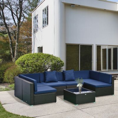 7-Piece Patio Furniture Sets Outdoor Wicker Conversation Sets All Weather PE Rattan Sectional sofa set with Cushions & Tempered Glass Desktop, Dark Blue