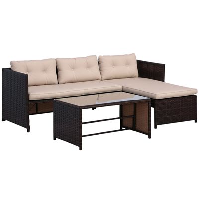 3 Piece Patio Furniture Set, Rattan Outdoor Sofa Set with Chaise Lounge & Loveseat, Soft Cushions, Tempered Glass Table, L-Shaped Sectional Couch, Beige