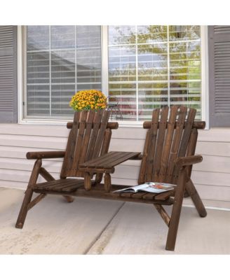Wooden Adirondack Chairs, Outdoor Double Seat Bench with Center Table for Patio, Backyard, Deck, Fire Pit, Carbonized