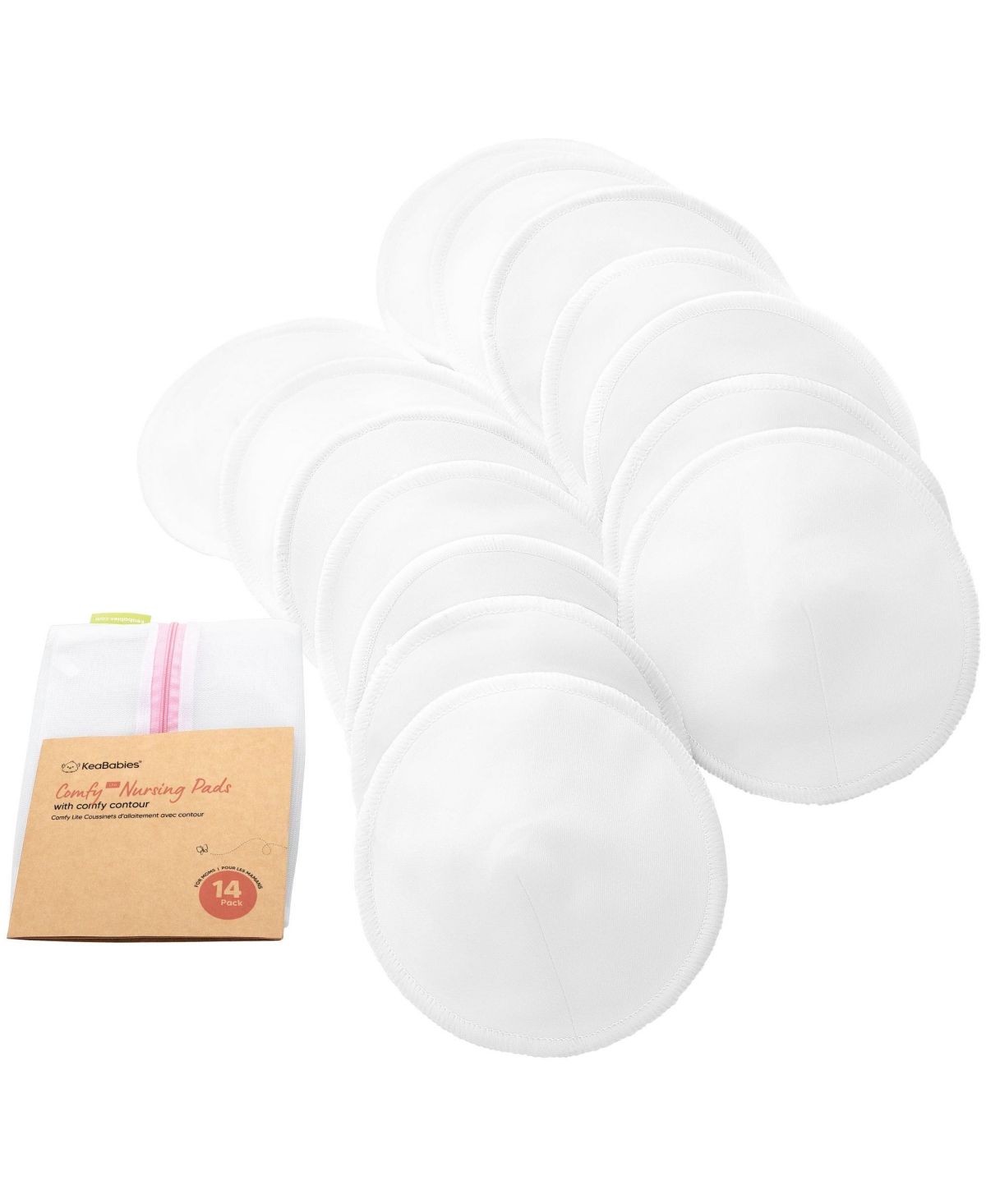 Keababies 14pk Organic Nursing Pads Lite, Washable Breast Pads + Wash Bag, Reusable Nipple Pads In Soft White