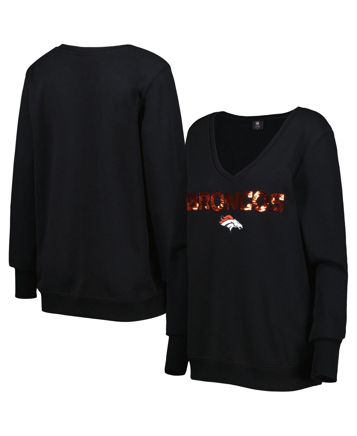 Women's Cuce Black Denver Broncos Sequin Logo V-Neck Pullover Sweatshirt - Black