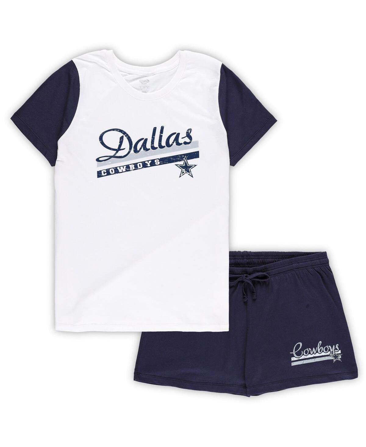 CONCEPTS SPORT WOMEN'S CONCEPTS SPORT WHITE, NAVY DALLAS COWBOYS PLUS SIZE DOWNFIELD T-SHIRT AND SHORTS SLEEP SET