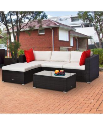 5 Piece Patio Wicker Furniture Set, Outdoor Sectional Sofa Set Rattan Conversation Sets with Tempered Glass Tabletop Coffee Table and Ottoman for Garden, Balcony, Backyard, Brown