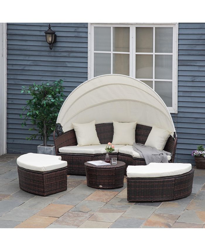 Outsunny 4pc Rattan Patio Furniture Set, Round Convertible Daybed or
