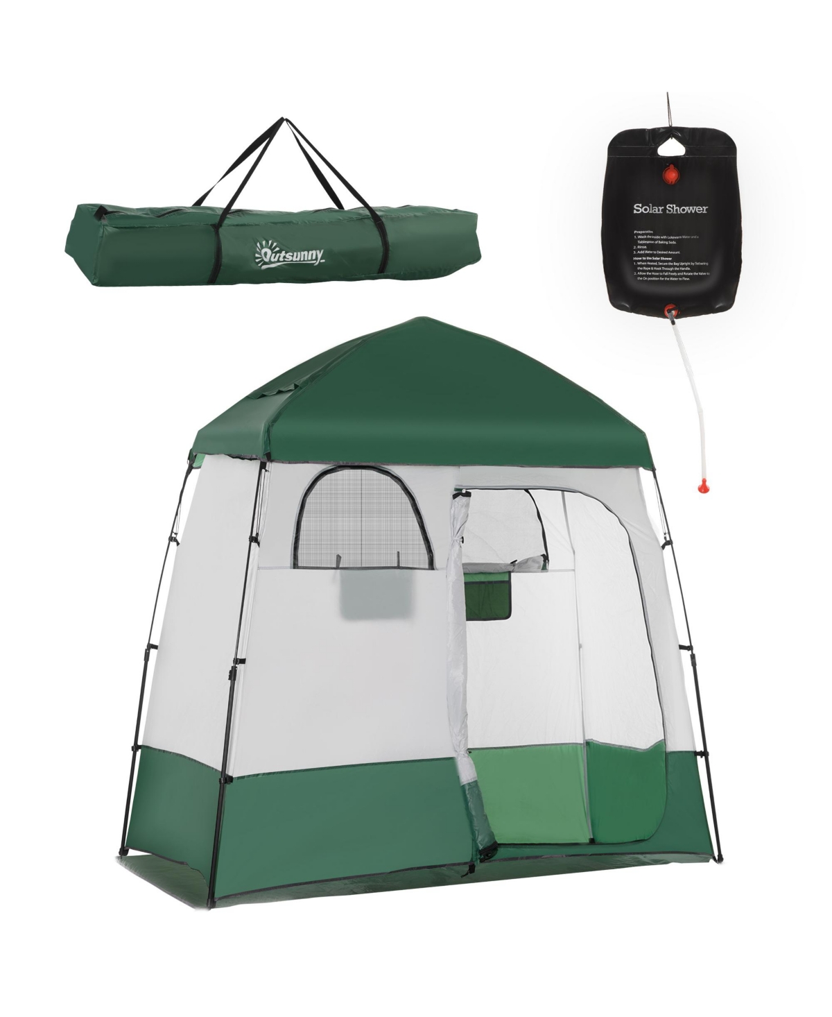 Two Room Pop Up Shower Tent w/ Shower Bag, Floor & Carry Bag, - Green