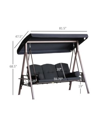 Outdoor Patio 3-Person Steel Canopy Cushioned Seat Bench Swing with Included Side Trays & Padded Comfort, Black