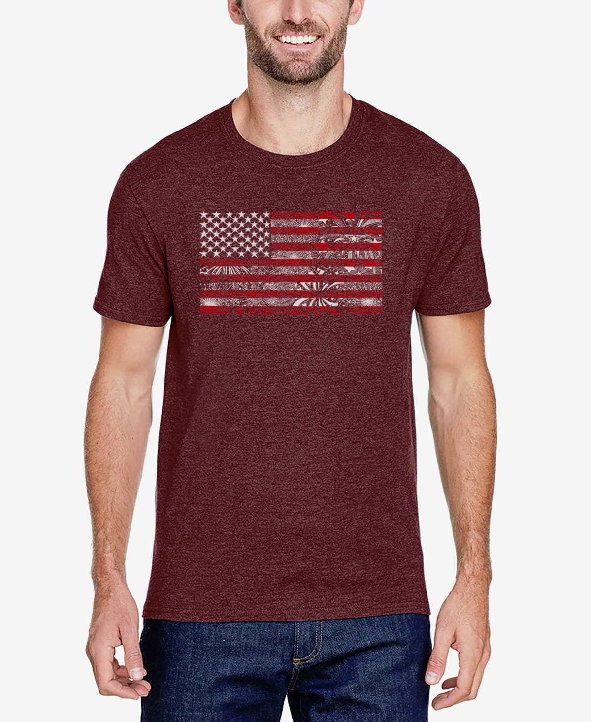 La Pop Art Men's Premium Blend Word Art American Flag Fireworks T-shirt In Burgundy