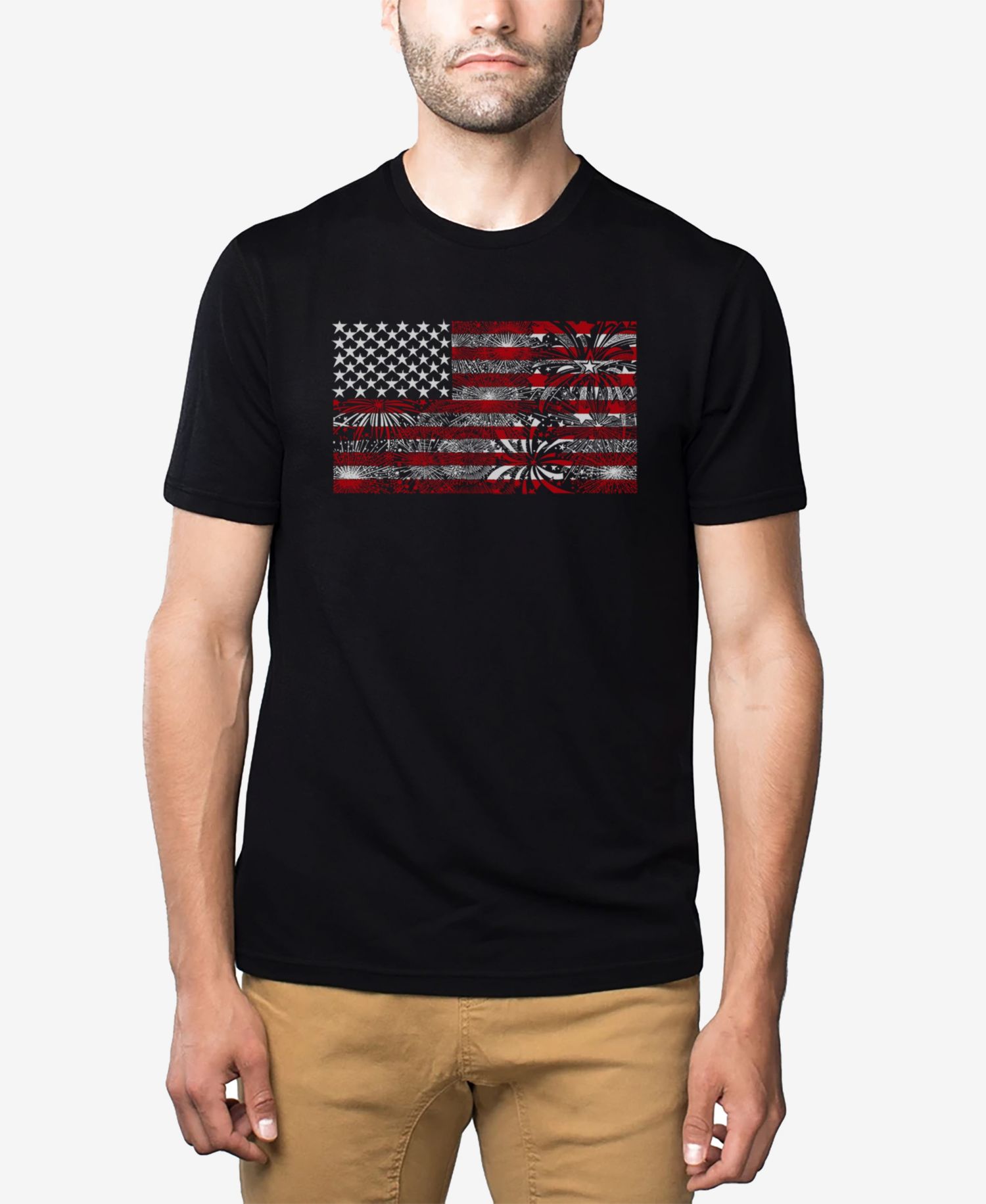 Men's Cotton/Poly Blend Word Art American Flag Fireworks T-shirt