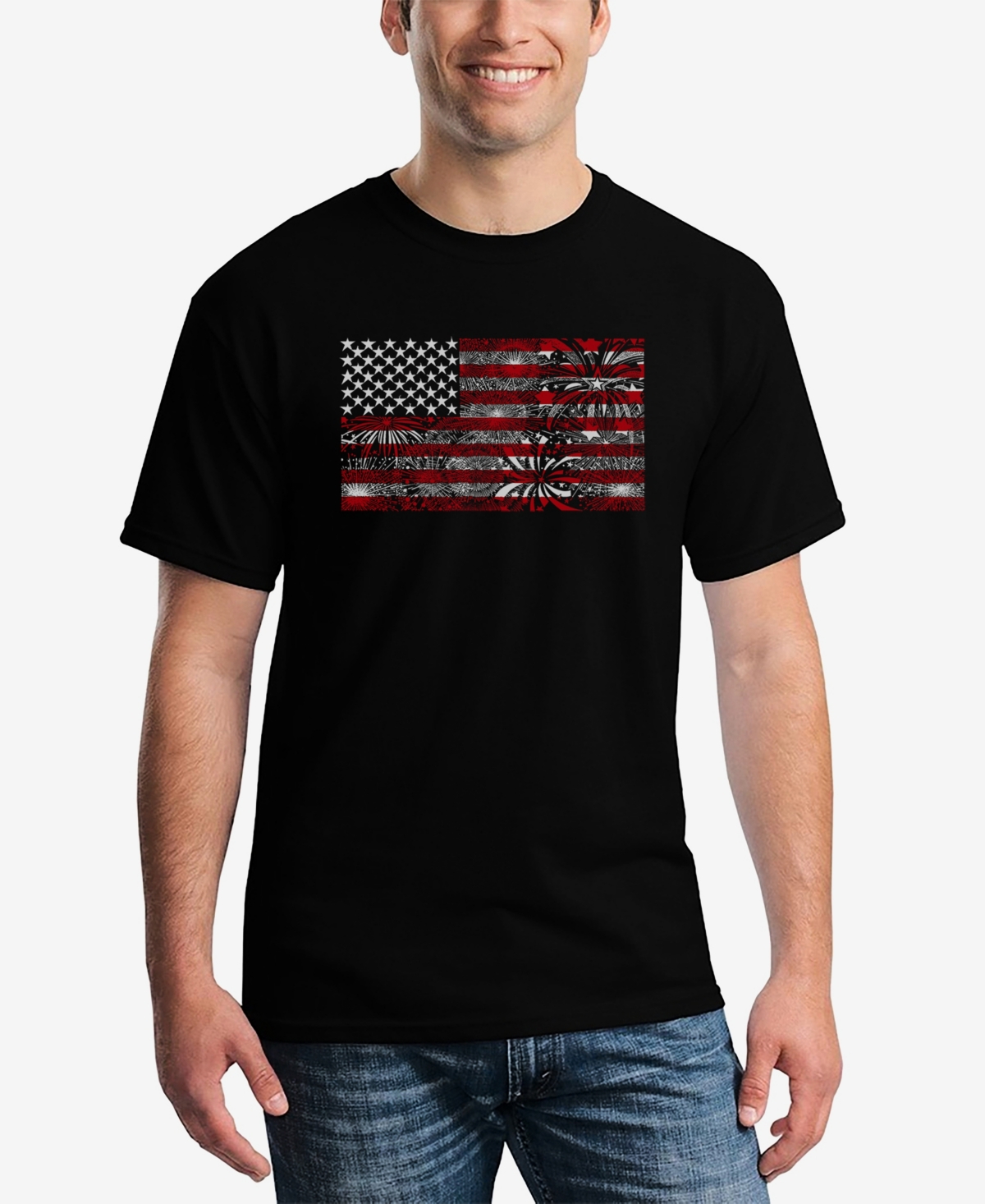 La Pop Art Men's Word Art Fireworks American Flag T-shirt In Black