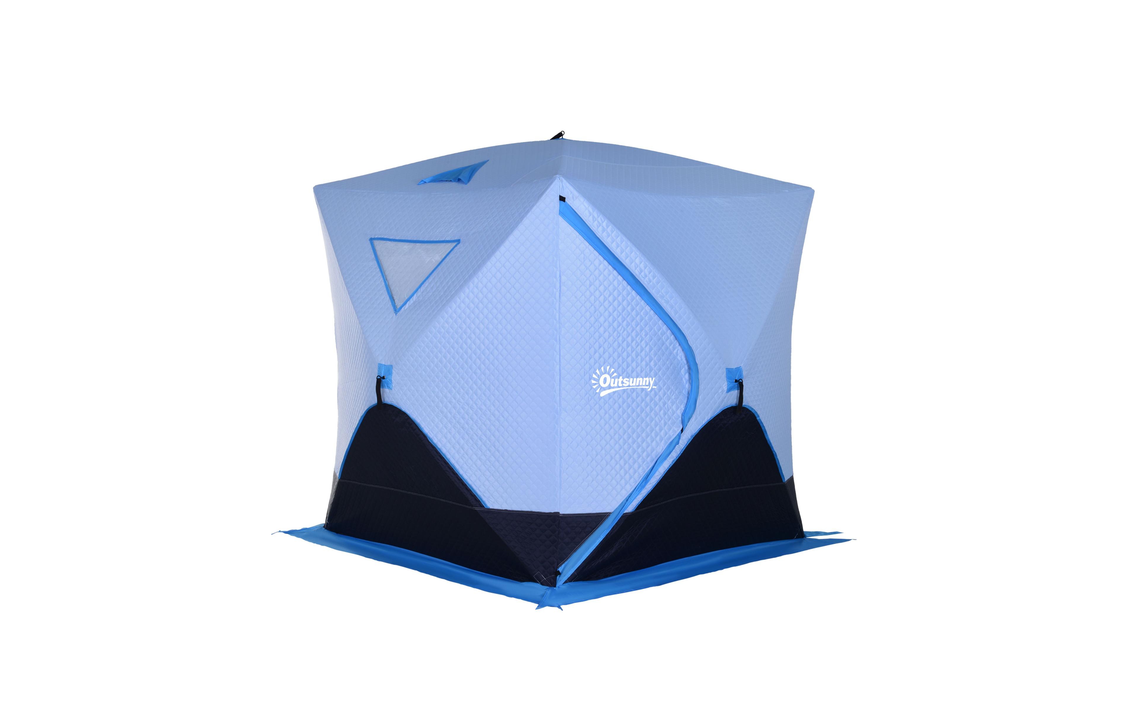 Outsunny 4 Person Ice Fishing Shelter with Padded Walls, Thermal Waterproof Portable Pop Up Ice Tent with 2 Doors, Light Blue