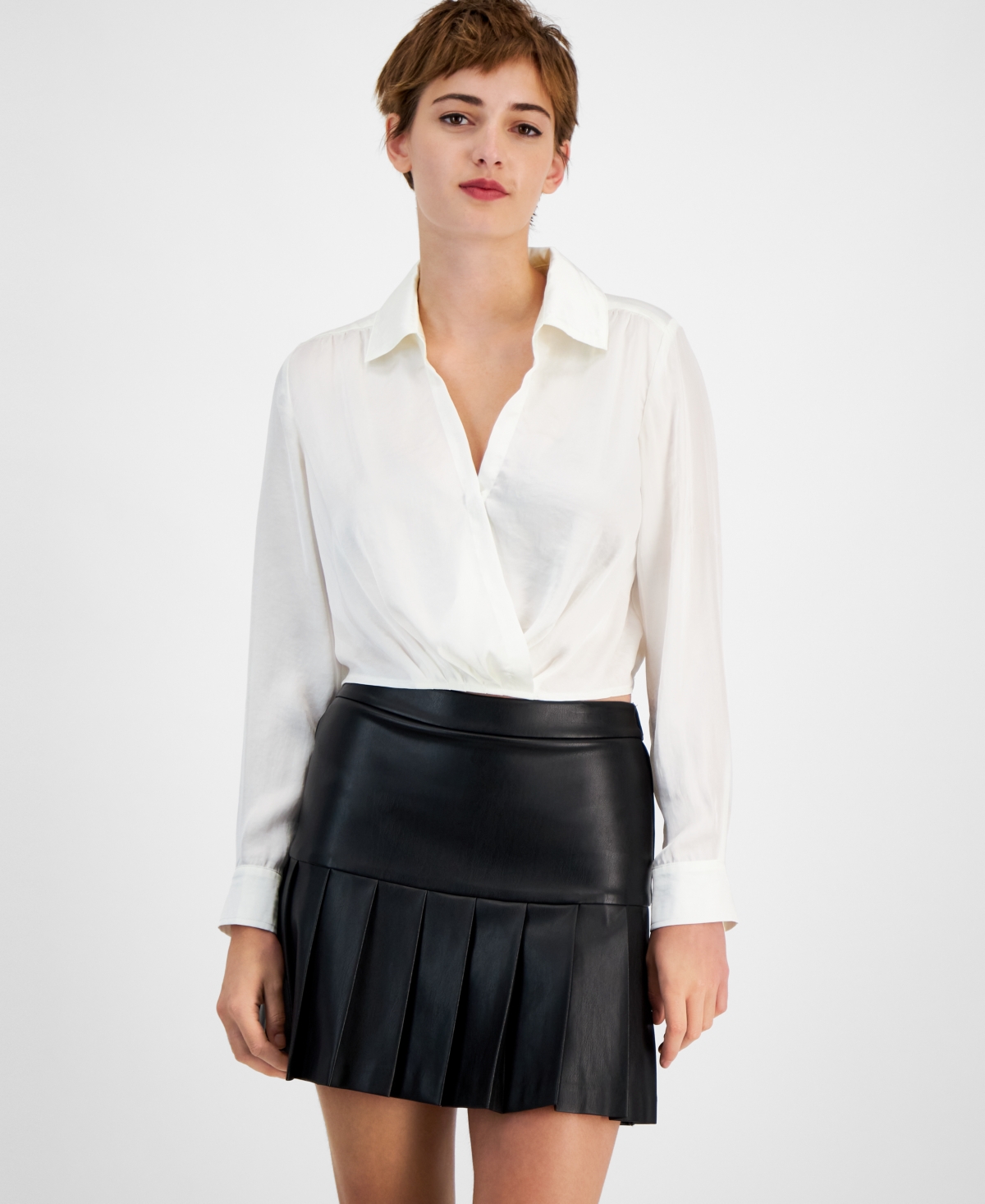 Women's Collared Surplice-Neck Cropped Shirt, Created for Macy's - Winter Ivory