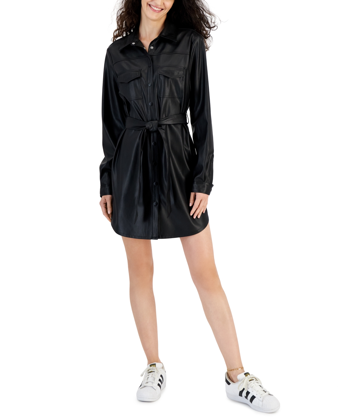 Juniors' Faux-Leather Belted Shirtdress - Black
