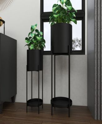 Black Metal Indoor Outdoor Planter with Removable Stand Set of 2 