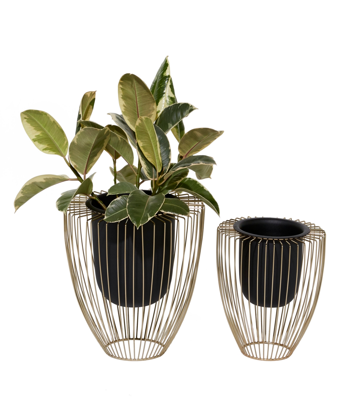 Black Metal Indoor Outdoor Planter with Removable Gold-Tone Wire Stand Set of 2 - Black