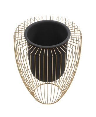 Black Metal Indoor Outdoor Planter with Removable Gold-Tone Wire Stand Set of 2