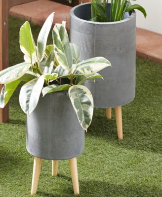 Gray Ceramic Indoor Outdoor Planter with Wood Legs Set of 2 