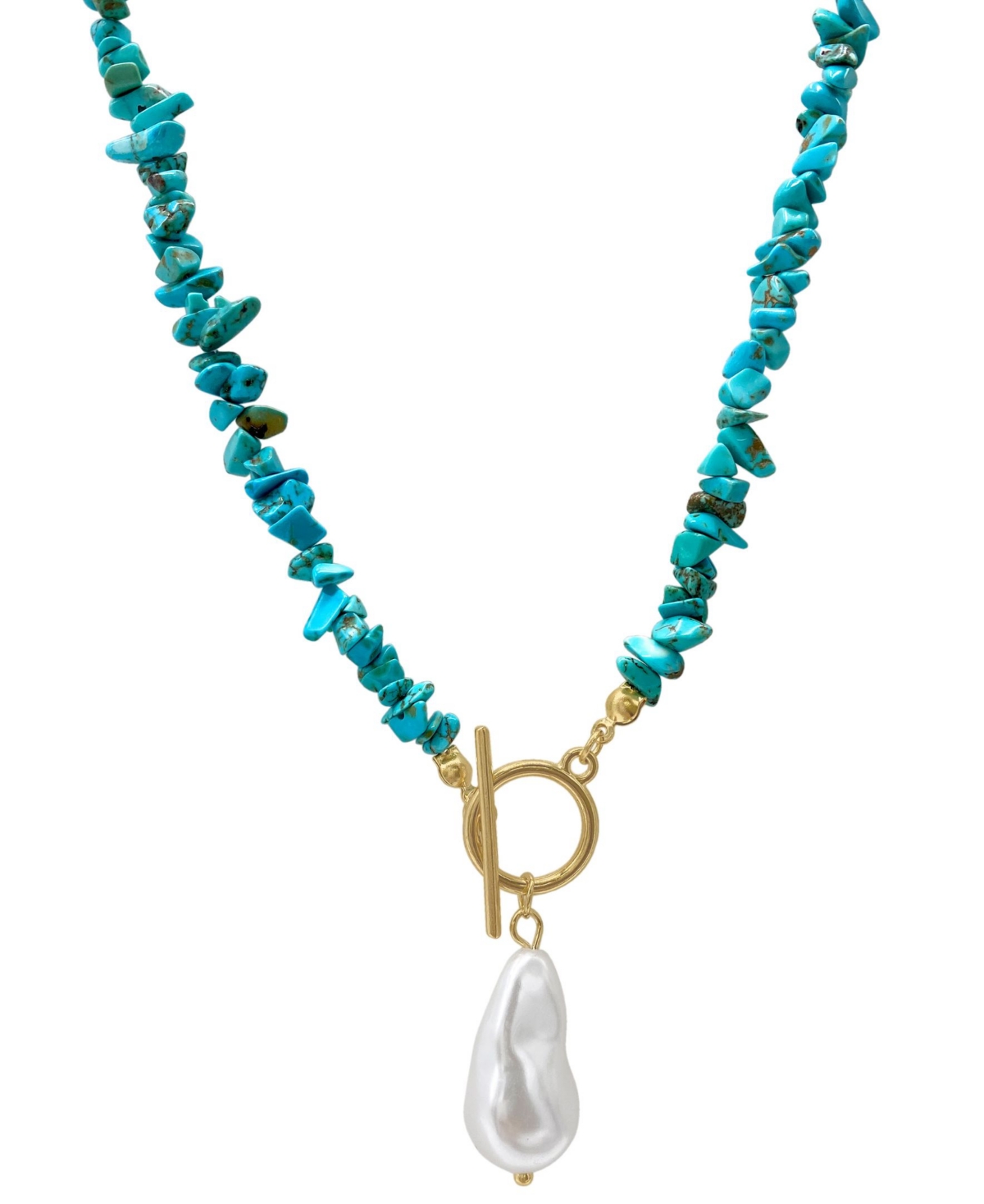 Shop Adornia 17" Multi Shape Faux Turquoise Stone Toggle 14k Gold Plated Necklace With Imitation Pearl Pendant