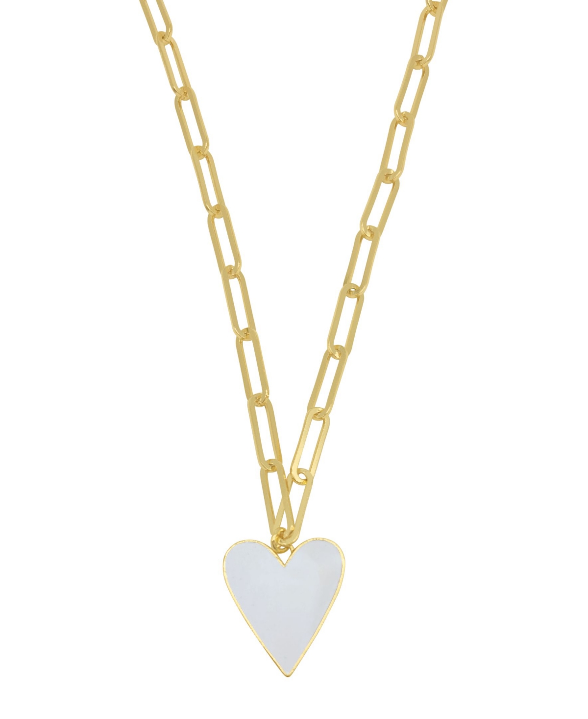 20-22" Adjustable 14K Gold Plated White Enamel Heart Paper Clip Chain Necklace - White