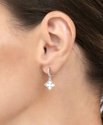 Silver Plated Floral Dangle Hoop White Imitation Mother of Pearl Earrings