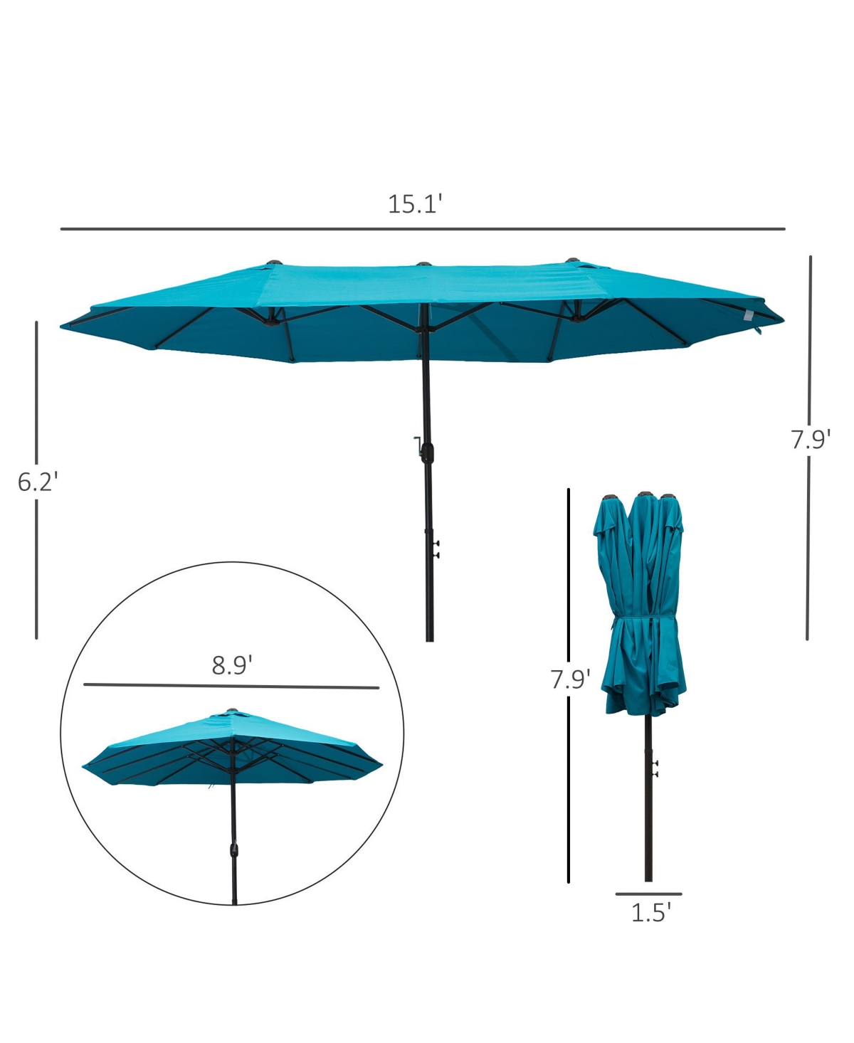15ft Patio Umbrella Double-Sided Outdoor Market Extra Large Umbrella with Crank Handle for Deck, Lawn, Backyard and Pool, Blue - Blue