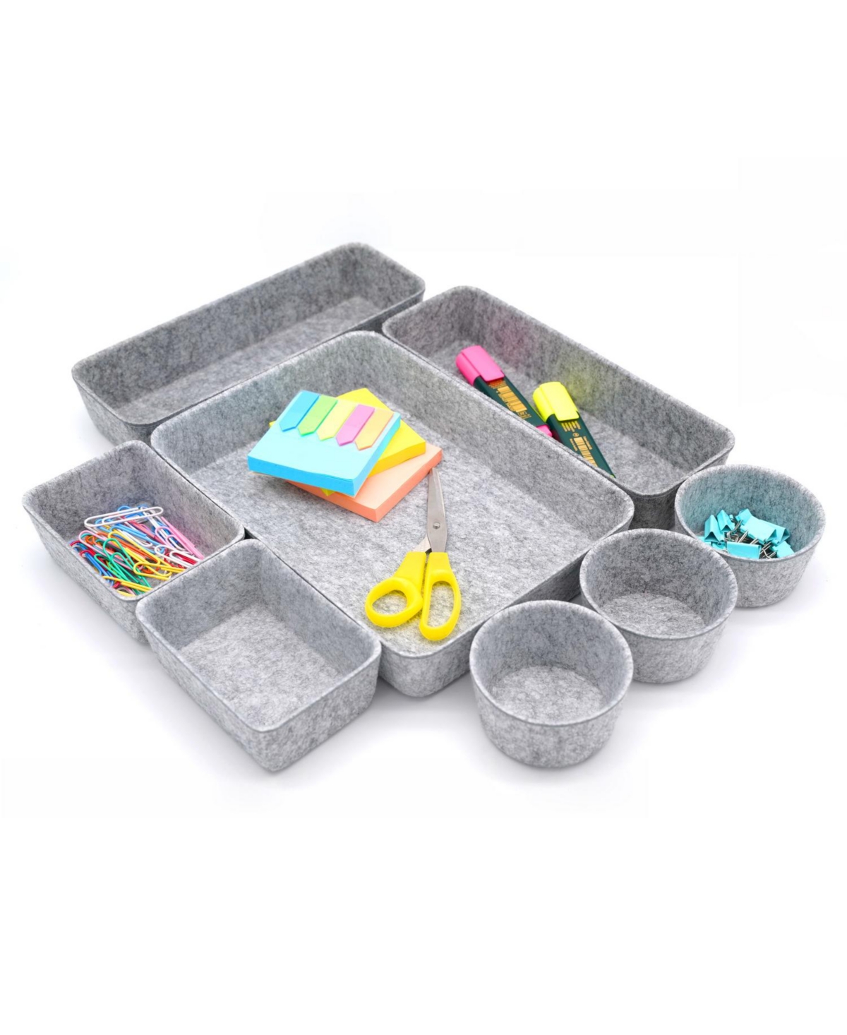 8 Piece Felt Drawer Organizer Set with Round Cups and Trays - Gray