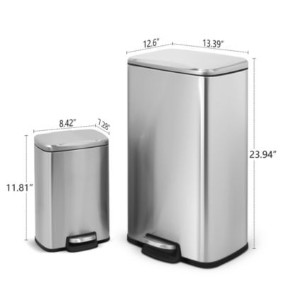 8 Gal./30 Liter and 1.3 Gal./5 Liter  Rectangular Stainless Steel Step-on Trash Can Set for Kitchen and Bathroom